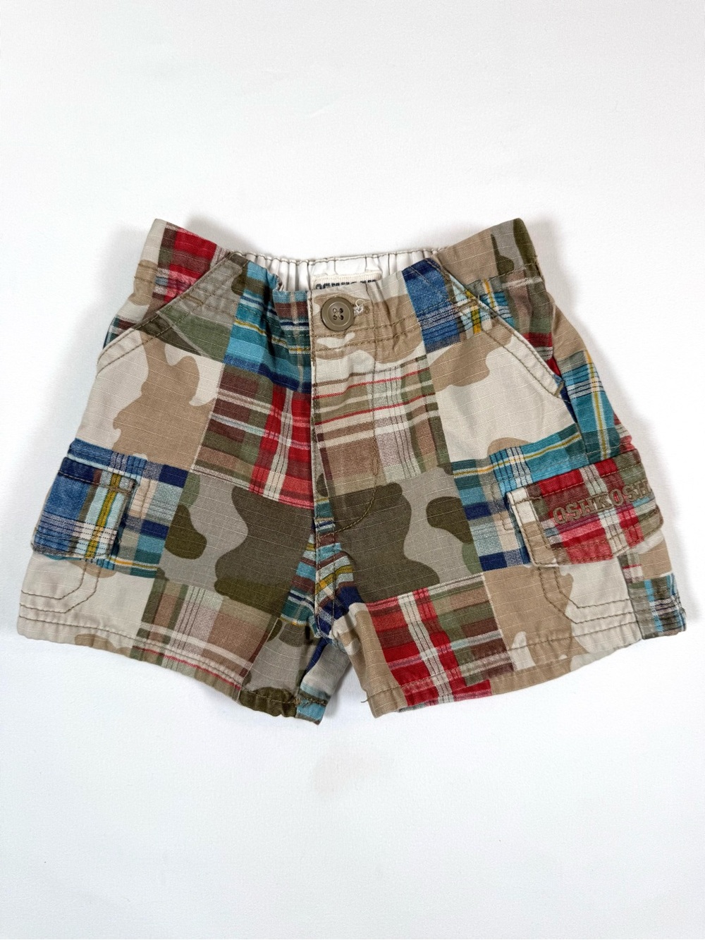 OSHKOSH Boys Madras Patchwork Cargo Shorts 3-6m Preppy Coastal Plaid Utility Y2K